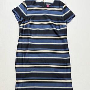 Vince Camuto Navy and Cream Striped Short Sleeve Sheath Dress Size 6